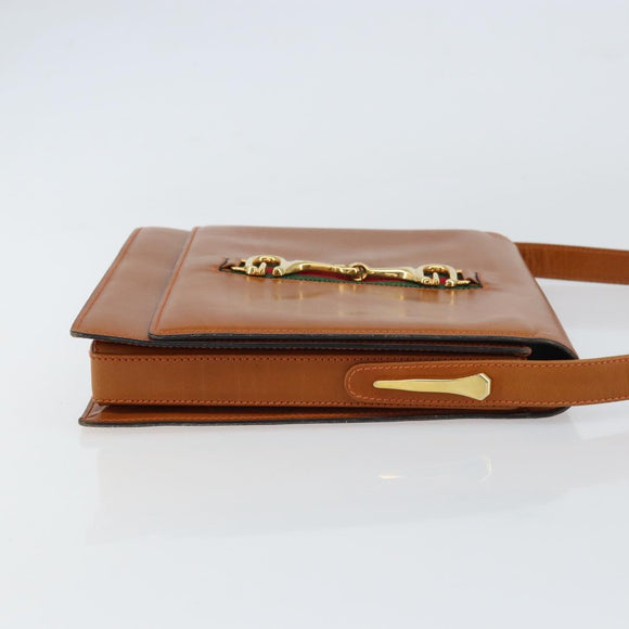 GUCCI Web Sherry Line Horsebit Shoulder Bag Leather Brown Gold Red Auth 159268