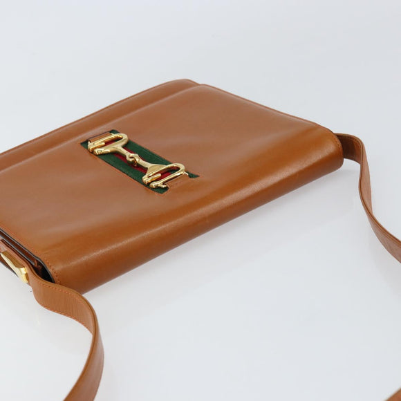 GUCCI Web Sherry Line Horsebit Shoulder Bag Leather Brown Gold Red Auth 159268