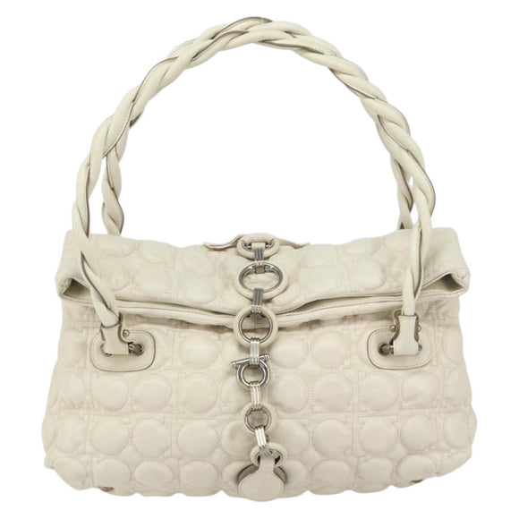 Salvatore Ferragamo Gancini Shoulder Bag Leather Ivory Gold Auth 159297