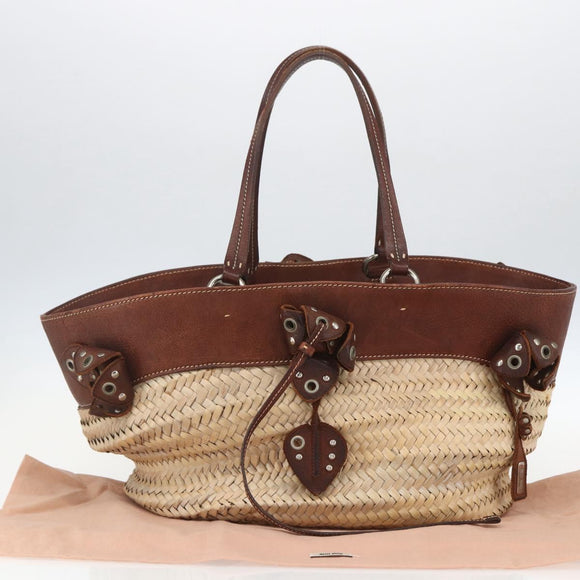 Miu Miu Hand Bag Raffia Beige Silver Auth 159300A