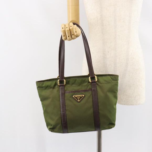 PRADA Hand Bag Nylon Green Gold Auth 159309