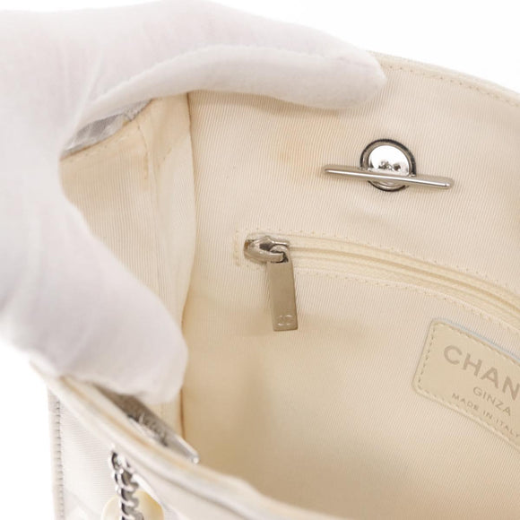 CHANEL Ketten-Schultertasche Nylon Weiß Silber CC Auth 159317SAM