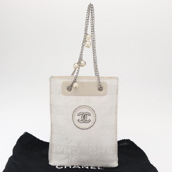 CHANEL Chain Shoulder Bag Nylon White Silver CC Auth 159317SAM