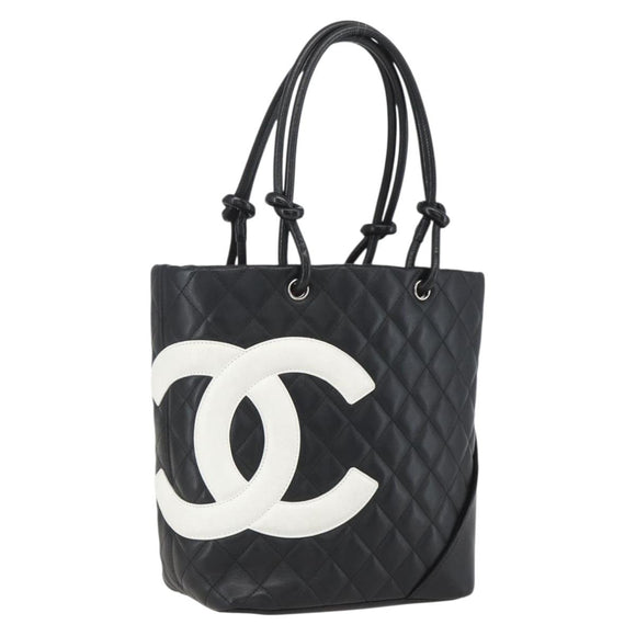 CHANEL Cambon Line Matelasse Medium Tote Bag Leather Black CC Auth 159319SAM