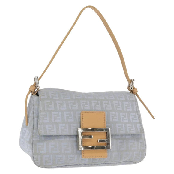 FENDI Zucchino Canvas Mamma Baguette Hand Bag Light Blue Silver Auth 159322V