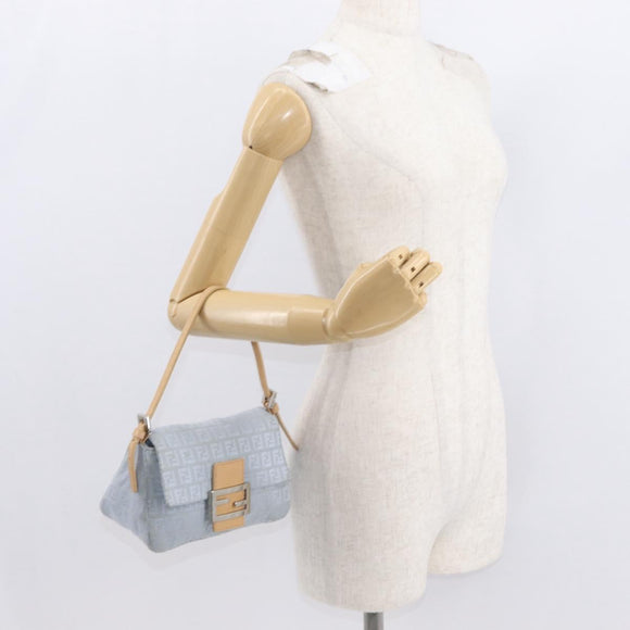 FENDI Zucchino Canvas Mamma Baguette Hand Bag Light Blue Silver Auth 159322V