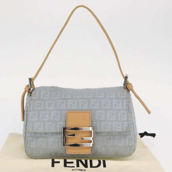 FENDI Zucchino Canvas Mamma Baguette Hand Bag Light Blue Silver Auth 159322V