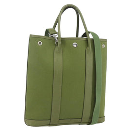 HERMES Garden File Hand Bag Canvas 2way Green Silver Auth 159329SAM