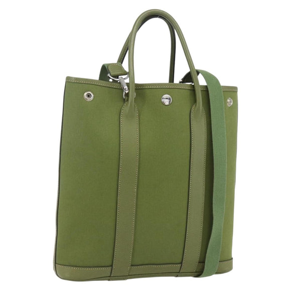 HERMES Garden File Hand Bag Canvas 2way Green Silver Auth 159329SAM