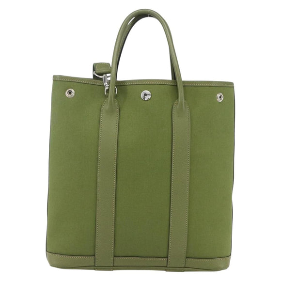 HERMES Garden File Hand Bag Canvas 2way Green Silver Auth 159329SAM