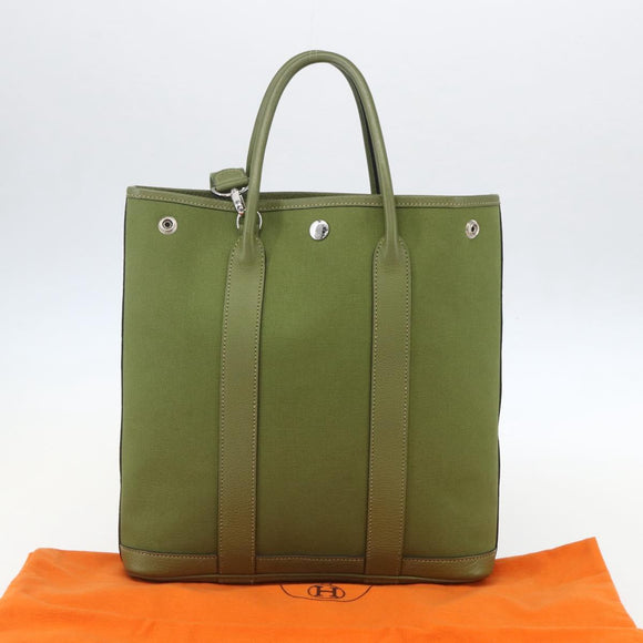 HERMES Garden File Hand Bag Canvas 2way Green Silver Auth 159329SAM