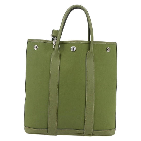 HERMES Garden File Hand Bag Canvas 2way Green Silver Auth 159329SAM