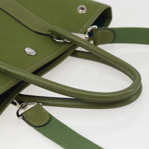 HERMES Garden File Hand Bag Canvas 2way Green Silver Auth 159329SAM