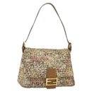 FENDI Zucchino Canvas Mamma Baguette Shoulder Bag Beige Gold Auth 159330SAV-1