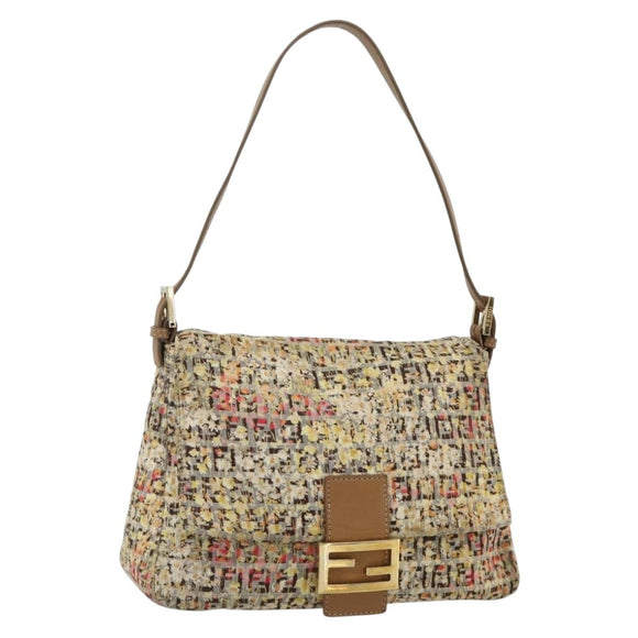 FENDI Zucchino Canvas Mamma Baguette Shoulder Bag Beige Gold Auth 159330SAV
