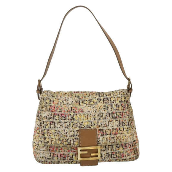 FENDI Zucchino Canvas Mamma Baguette Shoulder Bag Beige Gold Auth 159330SAV