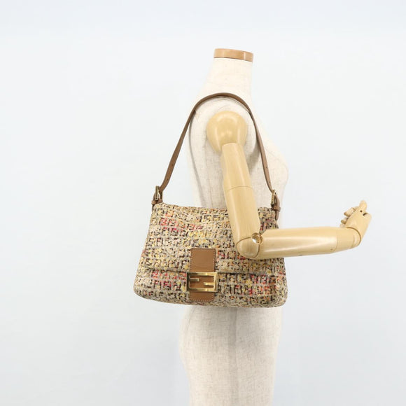 FENDI Zucchino Canvas Mamma Baguette Shoulder Bag Beige Gold Auth 159330SAV