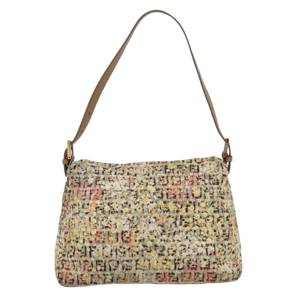 FENDI Zucchino Canvas Mamma Baguette Shoulder Bag Beige Gold Auth 159330SAV