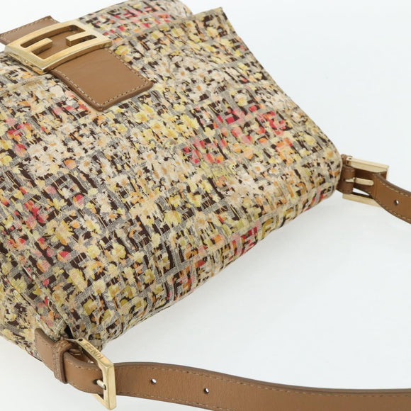 FENDI Zucchino Canvas Mamma Baguette Shoulder Bag Beige Gold Auth 159330SAV