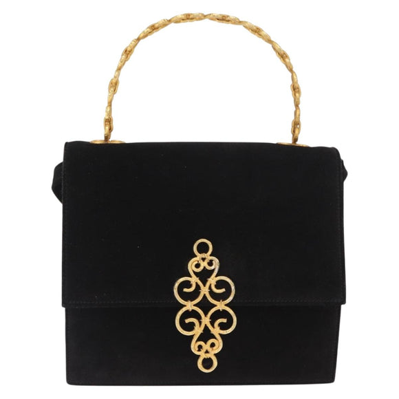 CELINE Hand Bag Suede 2way Black Gold Auth 159334