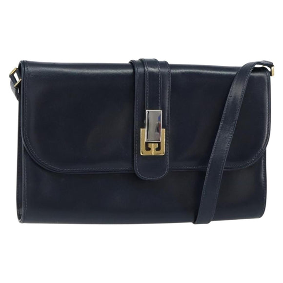 GUCCI Shoulder Bag Leather Navy Gold Auth 159335