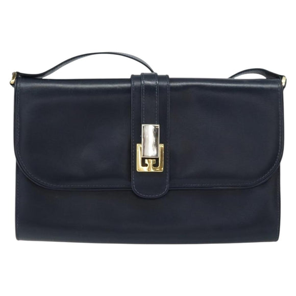 GUCCI Shoulder Bag Leather Navy Gold Auth 159335