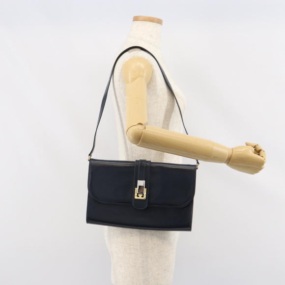 GUCCI Shoulder Bag Leather Navy Gold Auth 159335