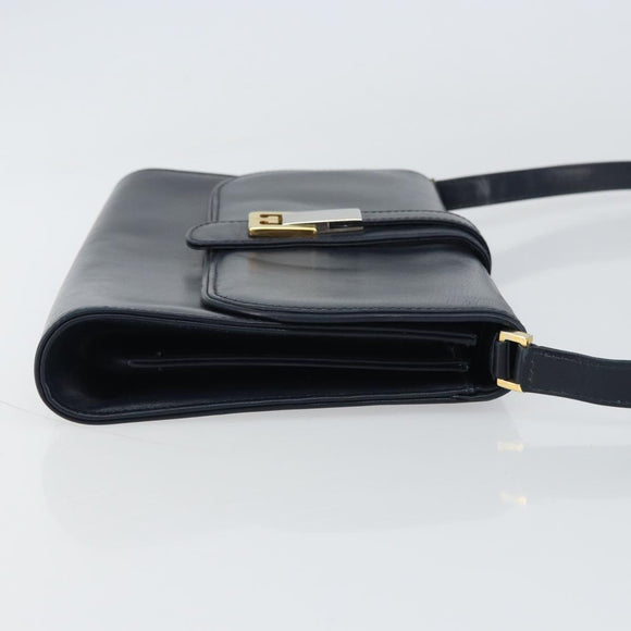 GUCCI Shoulder Bag Leather Navy Gold Auth 159335