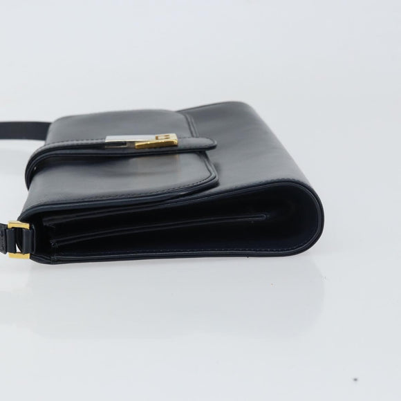 GUCCI Shoulder Bag Leather Navy Gold Auth 159335