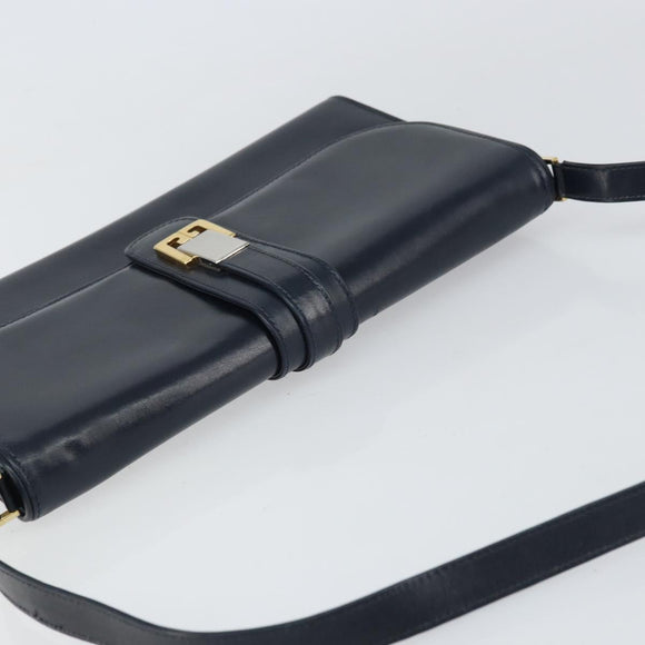 GUCCI Shoulder Bag Leather Navy Gold Auth 159335