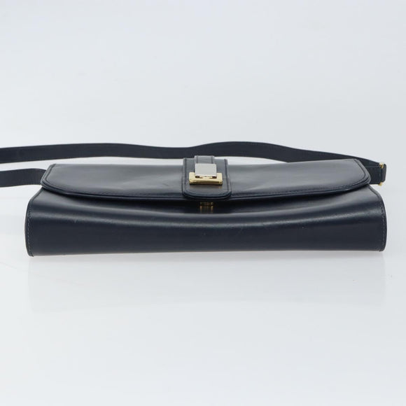 GUCCI Shoulder Bag Leather Navy Gold Auth 159335