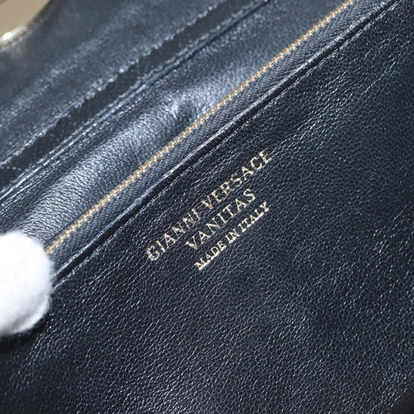 Gianni Versace Chain Wallet Leather Black Gold Auth 159344
