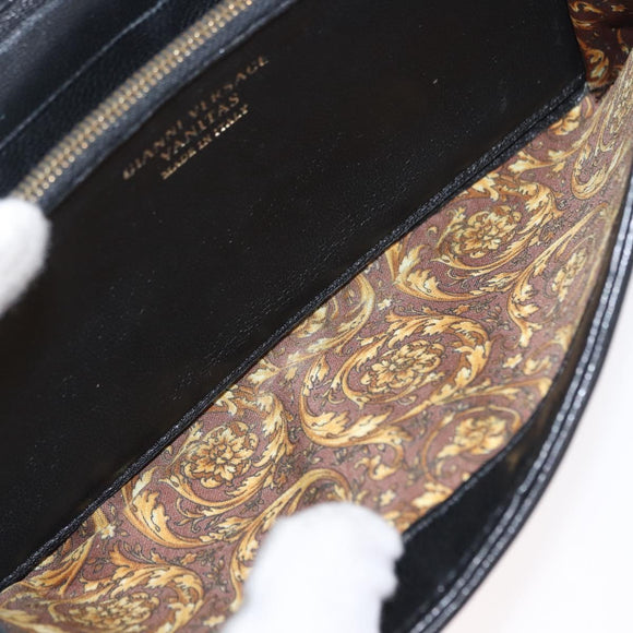 Gianni Versace Chain Wallet Leather Black Gold Auth 159344