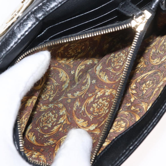 Gianni Versace Chain Wallet Leather Black Gold Auth 159344