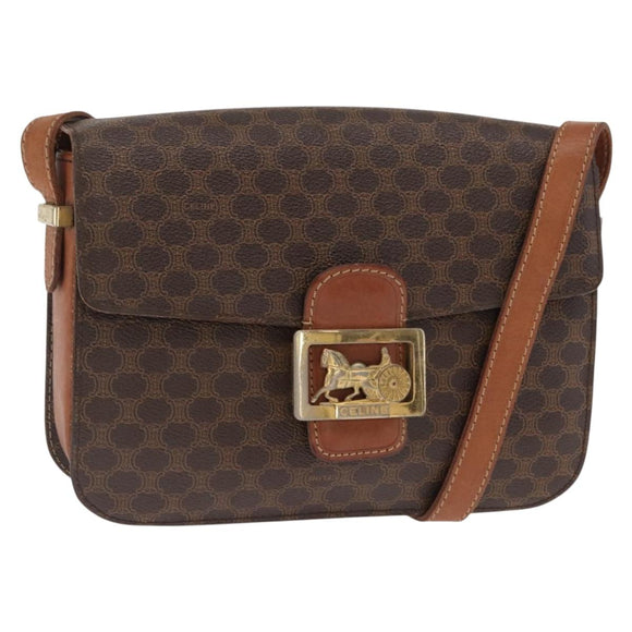 CELINE Macadam Canvas Horse Carriage Bag PVC Leather Brown Gold Auth 159345