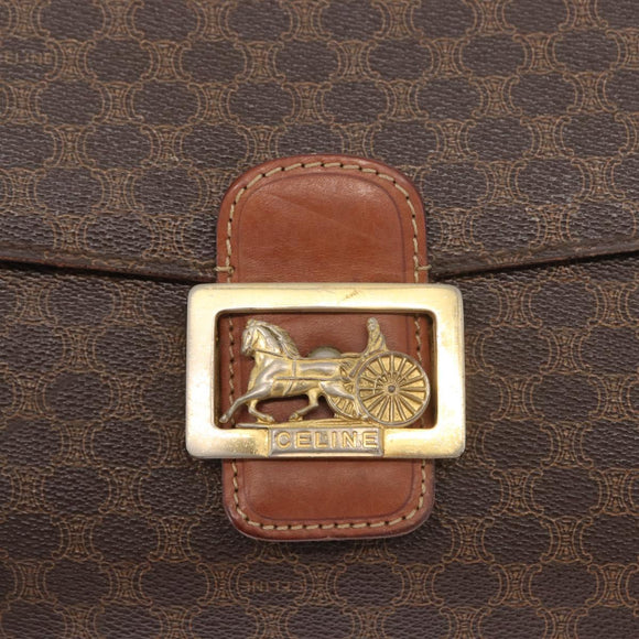 CELINE Macadam Canvas Horse Carriage Bag PVC Leather Brown Gold Auth 159345
