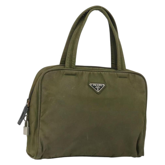 PRADA Hand Bag Nylon Khaki Silver Auth 159348