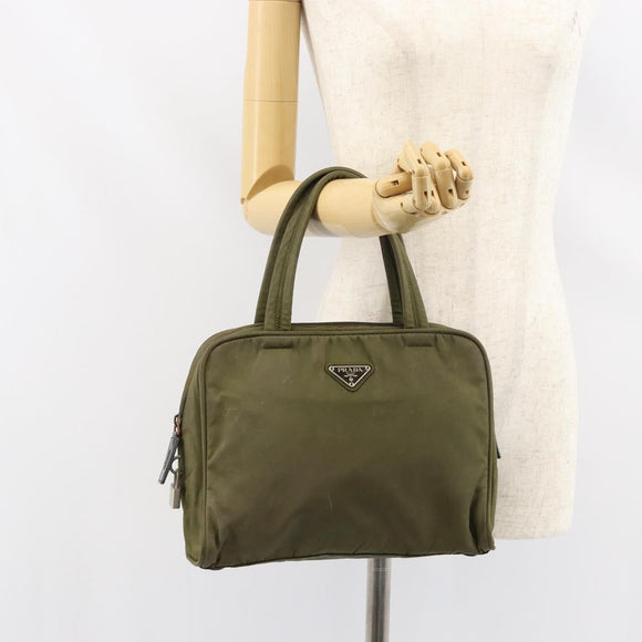 PRADA Hand Bag Nylon Khaki Silver Auth 159348