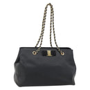 Salvatore Ferragamo Chain Vala Shoulder Bag Leather Black Gold Auth 159349-1