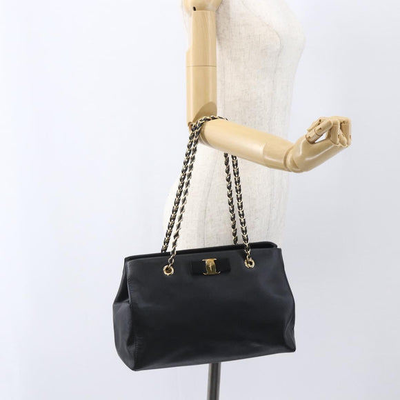Salvatore Ferragamo Chain Vala Shoulder Bag Leather Black Gold Auth 159349
