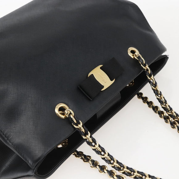 Salvatore Ferragamo Chain Vala Shoulder Bag Leather Black Gold Auth 159349