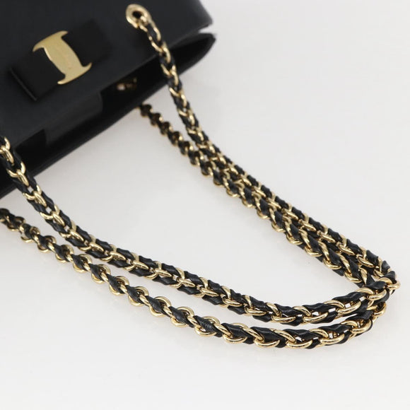 Salvatore Ferragamo Chain Vala Shoulder Bag Leather Black Gold Auth 159349