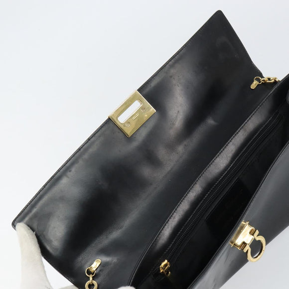 Salvatore Ferragamo Chain Gancini Shoulder Bag Leather Black Gold Auth 159360