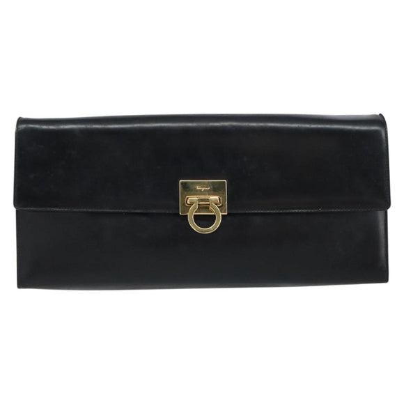 Salvatore Ferragamo Chain Gancini Shoulder Bag Leather Black Gold Auth 159360