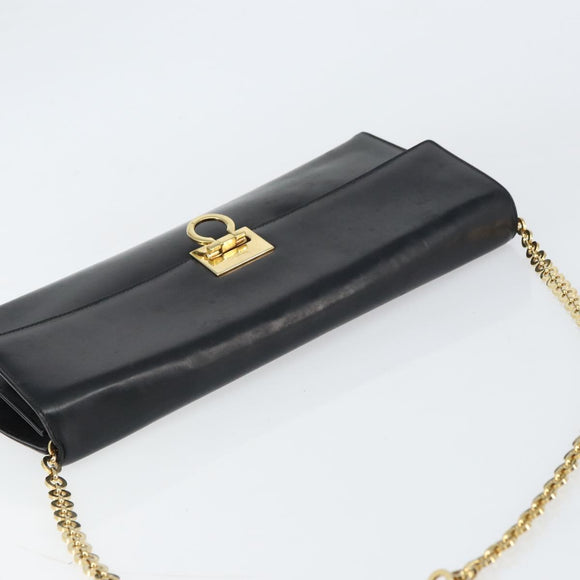 Salvatore Ferragamo Chain Gancini Shoulder Bag Leather Black Gold Auth 159360