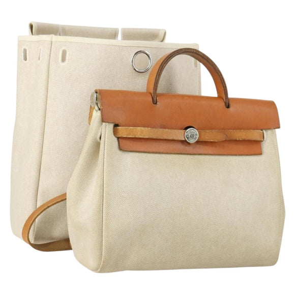 HERMES Herbag Ad PM Backpack Canvas Leather 2way Beige Silver Auth 159367
