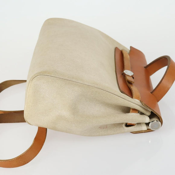 HERMES Herbag Ad PM Backpack Canvas Leather 2way Beige Silver Auth 159367