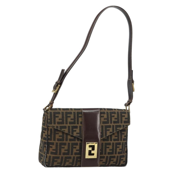 FENDI Zucca Canvas Shoulder Bag Brown Black Auth 159375