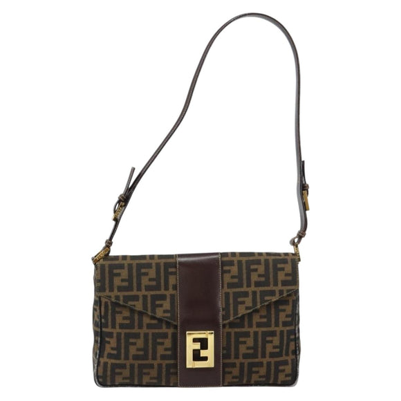 FENDI Zucca Canvas Shoulder Bag Brown Black Auth 159375