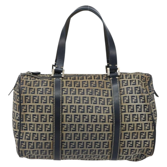 FENDI Zucchino Canvas Hand Bag Navy Silver Auth 159400